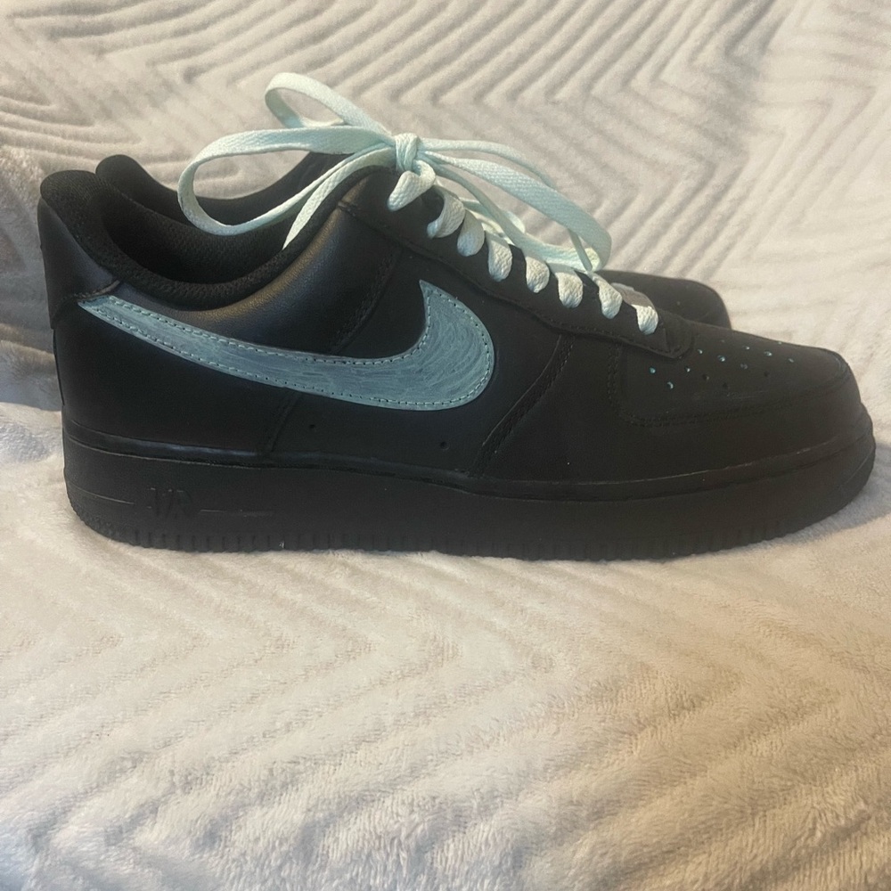 Custom painted Nike Black Low-Top Sneakers with Light Blue Swoosh